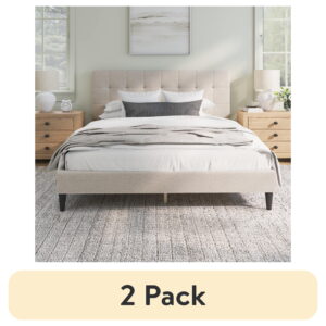 (2 pack) Mainstays Hillside Square Tufted Upholstered Queen Platform Bed, Ivory Fabric