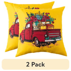 (2 pack) Mainstays Red Flower Truck Reversible Outdoor Throw Pillow 16 Inch Blue Novelty and Floral