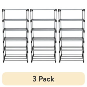 (3 pack) Mainstays Metal and Plastic Shoe Rack, 6-Tiers, 12 Shoe Pair Capacity, Space Saving Shoe Storage, Black & Silver