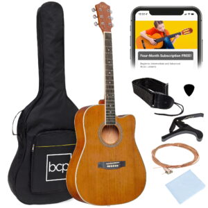 Best Choice Products 41in Full Size Beginner Acoustic Guitar Set with Case, Strap, Capo, Strings - Natural Mahogany