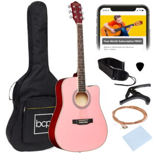 Best Choice Products 41in Full Size Beginner Acoustic Guitar Set with Case, Strap, Capo, Strings - Pink