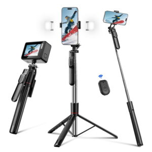 BN-LINK 67" Selfie Stick Tripod with Light, 360°Rotating Extendable Cell Phone Stand with Remote and Phone Holder, Phone Tripod Compatible with iPhone Android Phone, Camera