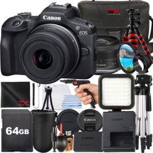 Canon EOS R100 Mirrorless Camera with RF-S 18-45mm Lens + 64GB Memory Card + Case + Tripod + SV Premium Accessory Bundle (International Version)