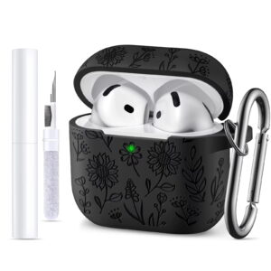 Comvin for Airpods 4 Case with Cleaner Kit, Cute Flower Engraved Case for Apple AirPods 4th Generation 2024, Soft Silicone Cover with Keychain, Front LED Visible, Black