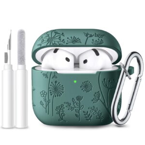 Comvin for Apple AirPods 4 Case Cover 2024, Cute Flower Engraved Silicone Case for AirPods 4 Case with Cleaner Kit & Keychain for Women Men, PineGreen