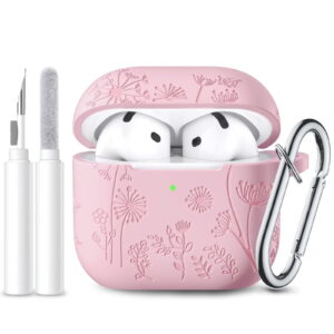 Comvin for Apple AirPods 4 Case Cover 2024, Cute Flower Engraved Silicone Case for AirPods 4 Case with Cleaner Kit & Keychain for Women Girls, Pink