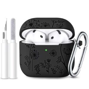 Comvin for Apple AirPods 4 Case Cover 2024, Cute Flower Engraved Silicone Case for AirPods 4 Case with Cleaner Kit & Keychain for Women Men, Black