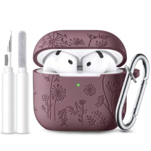 Comvin for Apple AirPods 4 Case Cover 2024, Cute Flower Engraved Silicone Case for AirPods 4 Case with Cleaner Kit & Keychain for Women Men, SmokyViolet
