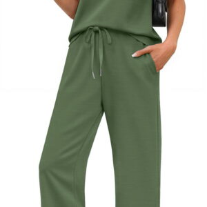 Fantaslook 2 Piece Sets for Women Casual Summer Travel Vacation Outfits Short Sleeve Tops Wide Leg Pants Lounge Sets