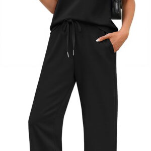 Fantaslook 2 Piece Sets for Women Casual Summer Travel Vacation Outfits Short Sleeve Tops Wide Leg Pants Lounge Sets