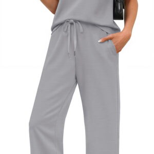 Fantaslook 2 Piece Sets for Women Casual Summer Travel Vacation Outfits Short Sleeve Tops Wide Leg Pants Lounge Sets