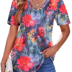 Fantaslook Blouses for Women Dressy Casual V Neck Pleated Tunic Tops Summer Short Sleeve Boho Shirts