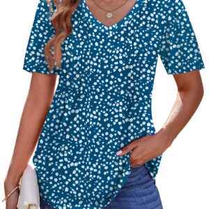 Fantaslook Blouses for Women Dressy Casual V Neck Pleated Tunic Tops Summer Short Sleeve Boho Shirts