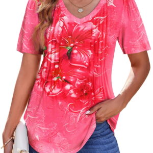Fantaslook Blouses for Women Dressy Casual V Neck Pleated Tunic Tops Summer Short Sleeve Boho Shirts