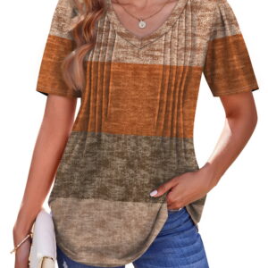 Fantaslook Blouses for Women Dressy Casual V Neck Pleated Tunic Tops Summer Short Sleeve Boho Shirts