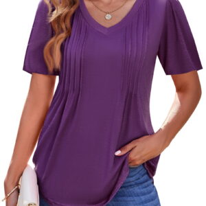 Fantaslook Blouses for Women Dressy Casual V Neck Pleated Tunic Tops Summer Short Sleeve Boho Shirts