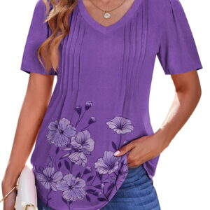 Fantaslook Blouses for Women Dressy Casual V Neck Pleated Tunic Tops Summer Short Sleeve Boho Shirts