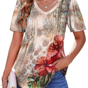 Fantaslook Blouses for Women Dressy Casual V Neck Pleated Tunic Tops Summer Short Sleeve Boho Shirts