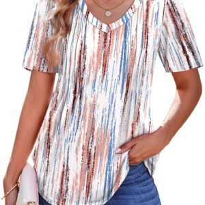 Fantaslook Blouses for Women Dressy Casual V Neck Pleated Tunic Tops Summer Short Sleeve Boho Shirts