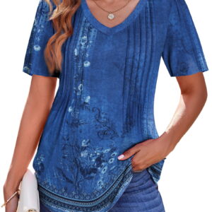 Fantaslook Blouses for Women Dressy Casual V Neck Pleated Tunic Tops Summer Short Sleeve Boho Shirts