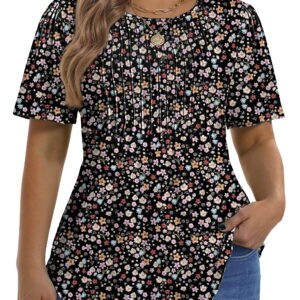 Fantaslook Blouses for Women Pleated Short Sleeve Tunic Tops Dressy Casual Summer Shirts