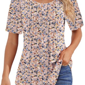 Fantaslook Blouses for Women Pleated Short Sleeve Tunic Tops Dressy Casual Summer Shirts