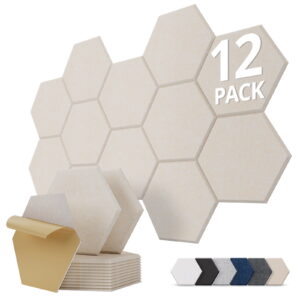 Kuchoow 12 Pack Self-Adhesive Acoustic Panels Sound Absorbing for Studio Wall, Hexagon High Density Beige Sound Panel for Office Home 12 x 10 x 0.4 Inch