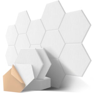 Kuchoow White Self-Adhesive Acoustic Wall Panels Sound Absorbing Panel for Studio, 12 Pack 12'' x 10'' x 0.4'' Hexagon High Density Sound Panel and Noise Reducing Tiles for Room...