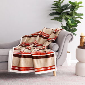 Mainstay Reversible Printed Velvet Plush and Hampshire Faux Shearling Soft Throw Blanket, Standard Size, Brown Stripe