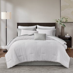 Mainstays 11-Piece Bed in a Bag Comforter Set with Sheets, White Seersucker, Full