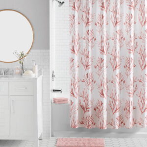 Mainstays 16-Piece Pink Coastal Botanical Shower Curtain Bathroom Set – Pink Fabric Curtain with Rug, Hooks, Soap Dispenser & Accessories