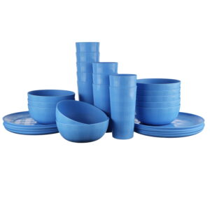 Mainstays 30-Piece Blue Etched Checkered Plastic Dinnerware Set, Includes 10 Plates, 10 Bowls, 10 Tumblers
