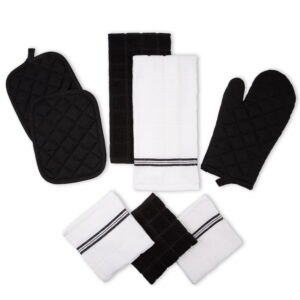 Mainstays 8-Piece Cotton Kitchen Towel, Dishcloth, Oven Mitt, and Pot Holder Set, Black