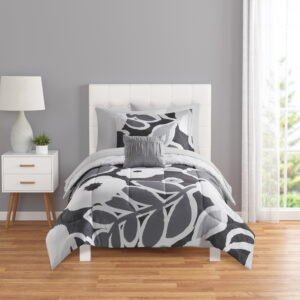 Mainstays All in One Reversible Comforter and Sheet set- 8 Piece, Twin, Black and White Floral