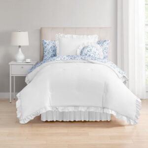 Mainstays All in One Reversible Comforter and Sheet Set- 8 Piece, Twin, White and Blue Ruffle