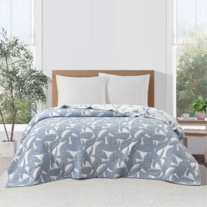 Mainstays Iris Leaf Stitched Quilt, Full/Queen, Light Blue, Reversible Lightweight Bedding