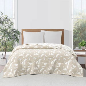 Mainstays Iris Leaf Stitched Quilt, King, Beige, Reversible Lightweight Bedding