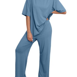 MINTREUS Lounge Sets for Women Knit Short Sleeve Tops and Long Pants Soft Comfy Pajamas Set Oversized 2 Piece Outfits S-4X