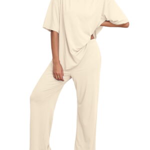 MINTREUS Lounge Sets for Women Knit Short Sleeve Tops and Long Pants Soft Comfy Pajamas Set Oversized 2 Piece Outfits S-2X