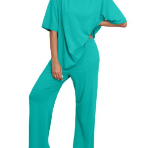 MINTREUS Lounge Sets for Women Knit Short Sleeve Tops and Long Pants Soft Comfy Pajamas Set Oversized 2 Piece Outfits S-2X