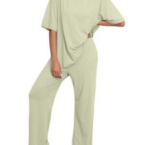MINTREUS Lounge Sets for Women Knit Short Sleeve Tops and Long Pants Soft Comfy Pajamas Set Oversized 2 Piece Outfits S-2X