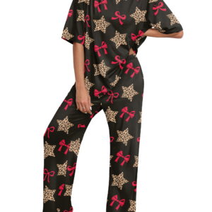 MINTREUS Lounge Sets for Women Knit Short Sleeve Tops and Long Pants Soft Comfy Pajamas Set Oversized 2 Piece Outfits S-2X