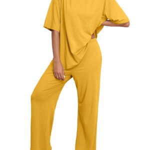 MINTREUS Lounge Sets for Women Knit Short Sleeve Tops and Long Pants Soft Comfy Pajamas Set Oversized 2 Piece Outfits S-2X