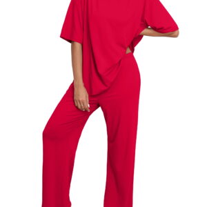 MINTREUS Lounge Sets for Women Knit Short Sleeve Tops and Long Pants Soft Comfy Pajamas Set Oversized 2 Piece Outfits S-2X
