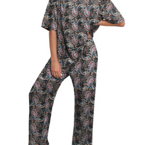 MINTREUS Lounge Sets for Women Knit Short Sleeve Tops and Long Pants Soft Comfy Pajamas Set Oversized 2 Piece Outfits S-2X