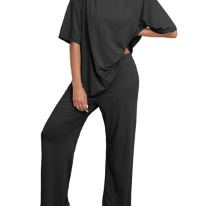 MINTREUS Lounge Sets for Women Knit Short Sleeve Tops and Long Pants Soft Comfy Pajamas Set Oversized 2 Piece Outfits S-4X