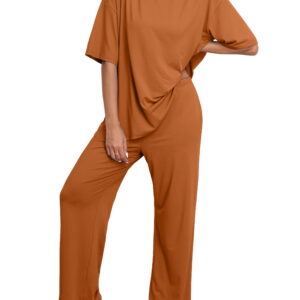 MINTREUS Lounge Sets for Women Knit Short Sleeve Tops and Long Pants Soft Comfy Pajamas Set Oversized 2 Piece Outfits S-4X