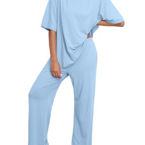 MINTREUS Lounge Sets for Women Knit Short Sleeve Tops and Long Pants Soft Comfy Pajamas Set Oversized 2 Piece Outfits S-4X