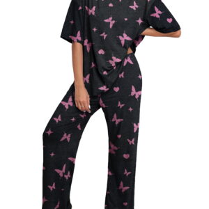 MINTREUS Valentine's Day Lounge Sets for Women Knit Short Sleeve Tops and Long Pants Soft Comfy Pajamas Set Oversized 2 Piece Outfits S-4X