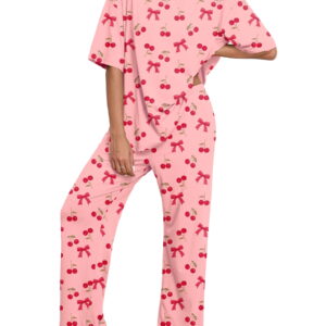 MINTREUS Valentine's Day Lounge Sets for Women Knit Short Sleeve Tops and Long Pants Soft Comfy Pajamas Set Oversized 2 Piece Outfits S-2X